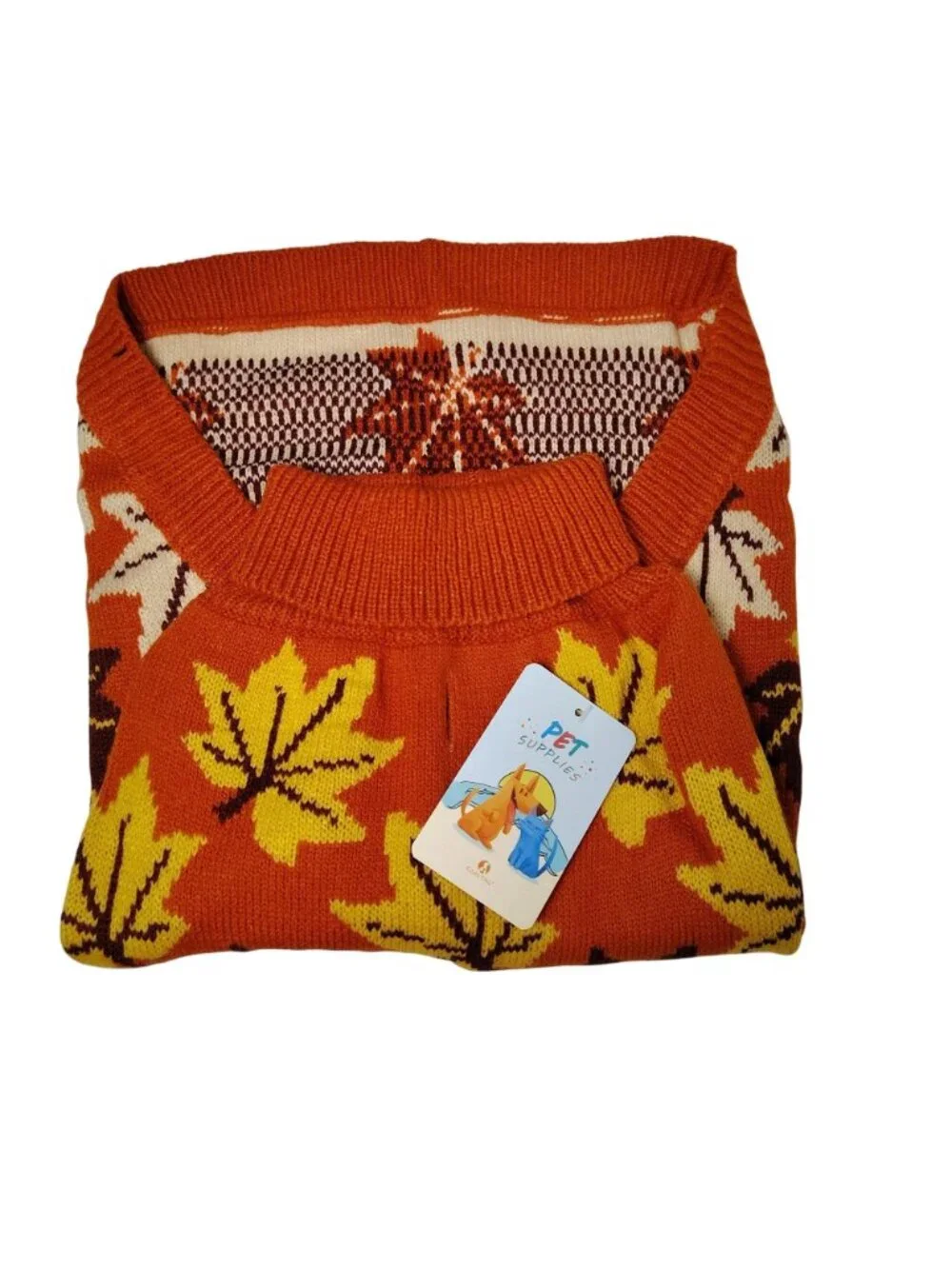 Dog L/XL Orange Acrylic Knit Warm Autumn Leaf Pattern Pet Sweater